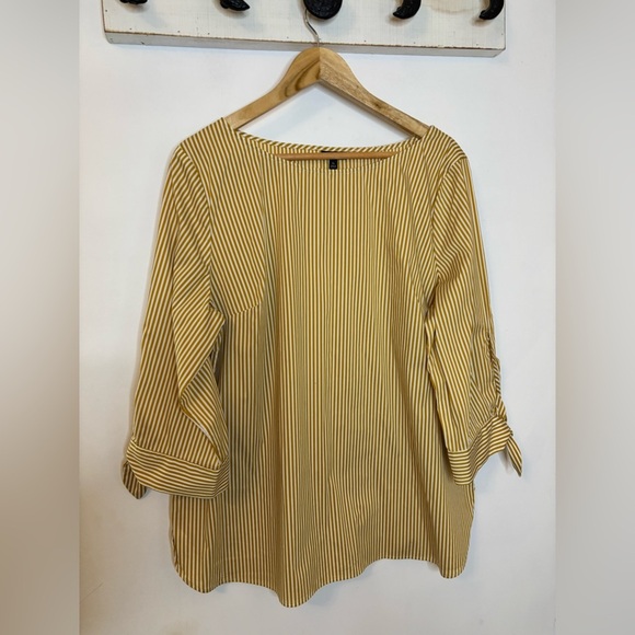 Talbots Mustard Striped Tie Sleeve Cotton Top - Picture 1 of 7